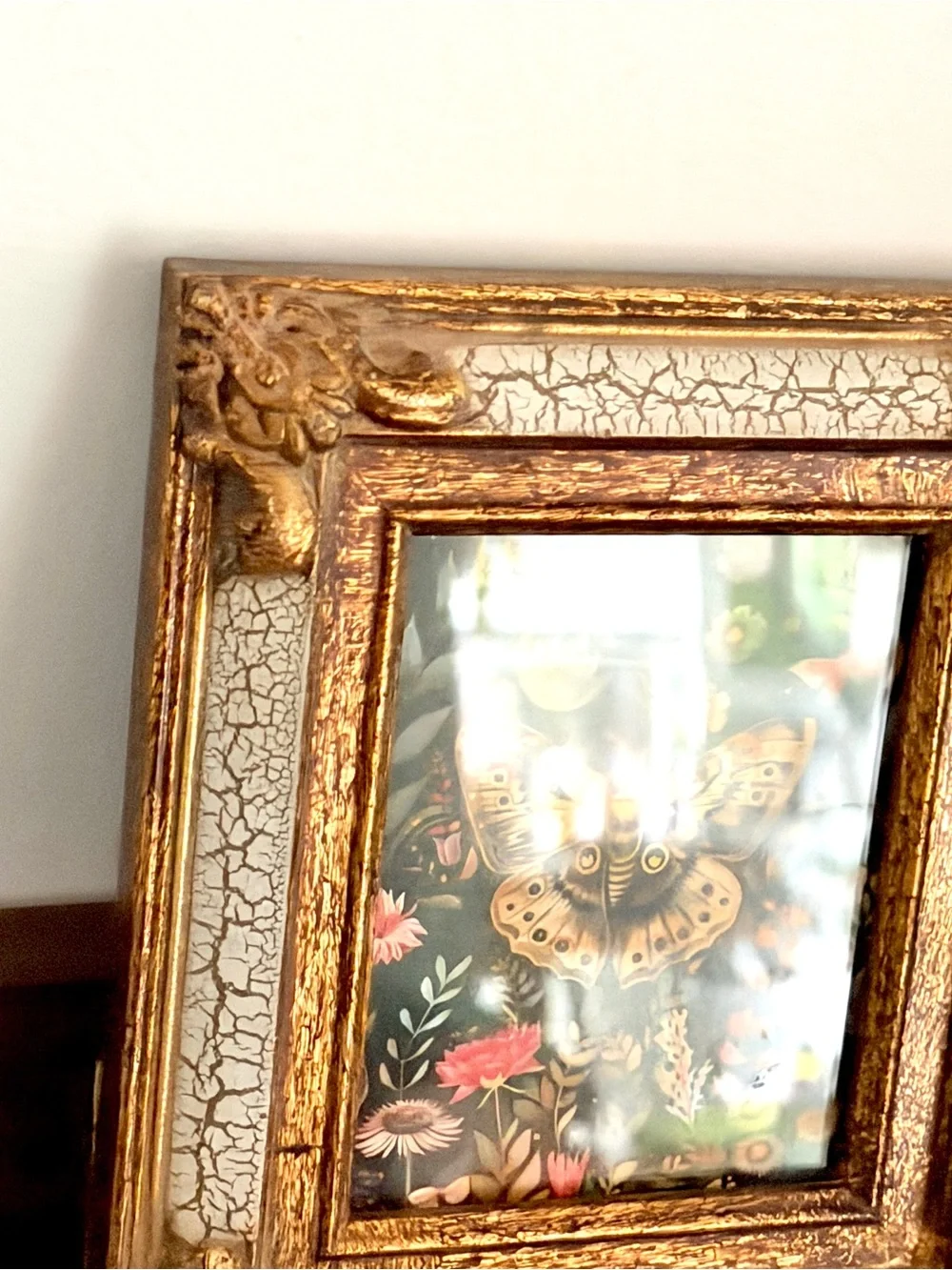 Vintage Botanical Moth & Moon Framed Art Ornate Gold Crackle Frame Cottagecore